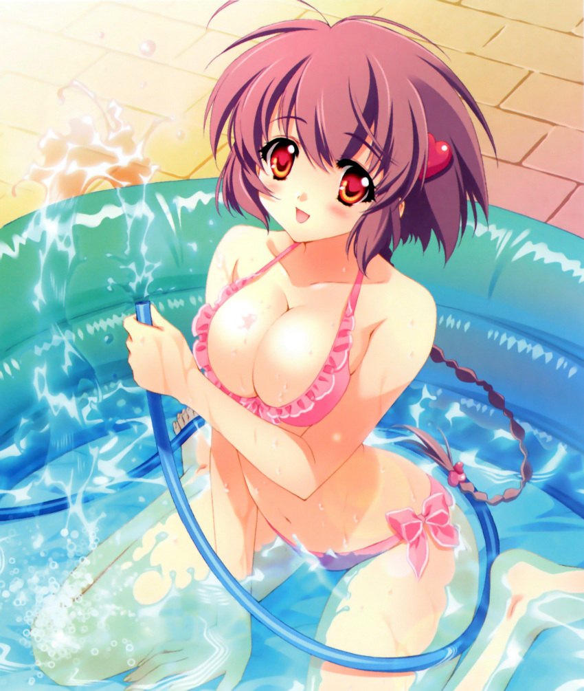 absurdres bare_legs bare_shoulders barefoot between_legs bikini blush braid breasts carnelian cleavage female frilled_bikini frills fujita_nodoka hair_ornament heart heart_hair_ornament highres hose large_breasts long_hair orange_eyes para-sol partially_submerged photoshop_(medium) pink_bikini pink_hair scan sitting smile solo swimsuit wading_pool wariza water wet