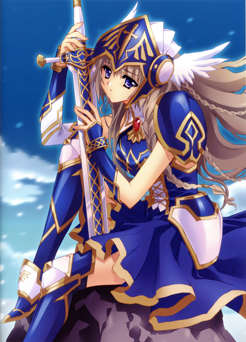 absurdres armor blue_eyes boots braid brown_hair carnelian cloud day dress female greaves hat highres long_hair original pauldrons photoshop_(medium) scan shoulder_armor sky solo sword valkyrie visor_(armor) warrior weapon