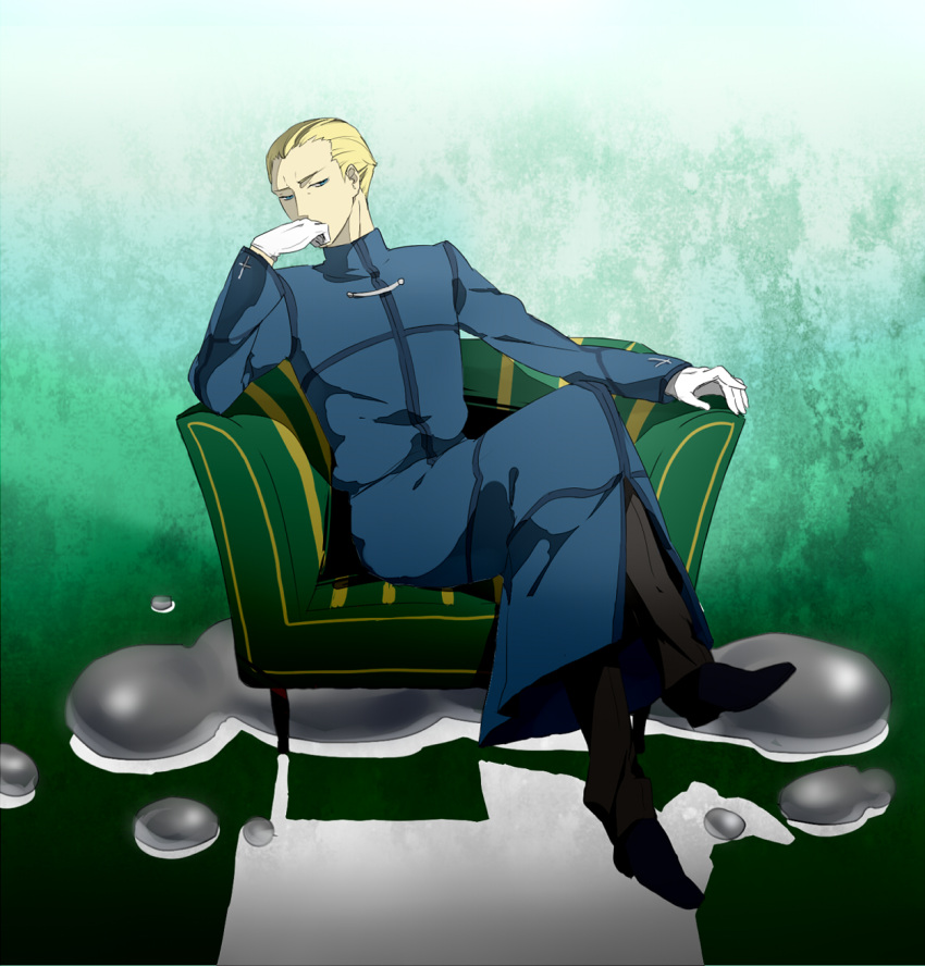 1boy blonde_hair blue_eyes chair commentary_request crossed_legs easy_chair fate/zero fate_(series) head_rest highres kayneth_el-melloi_archibald male_focus mercury_(element) shinishi_chiho sitting solo volumen_hydragyrum_(fate)