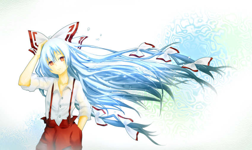 bad_id bad_pixiv_id blue_hair bow female fujiwara_no_mokou hair_ribbon hairbow highres ichiwaka_(meganejon) long_hair orange_eyes red_eyes ribbon sleeves_rolled_up solo suspenders touhou