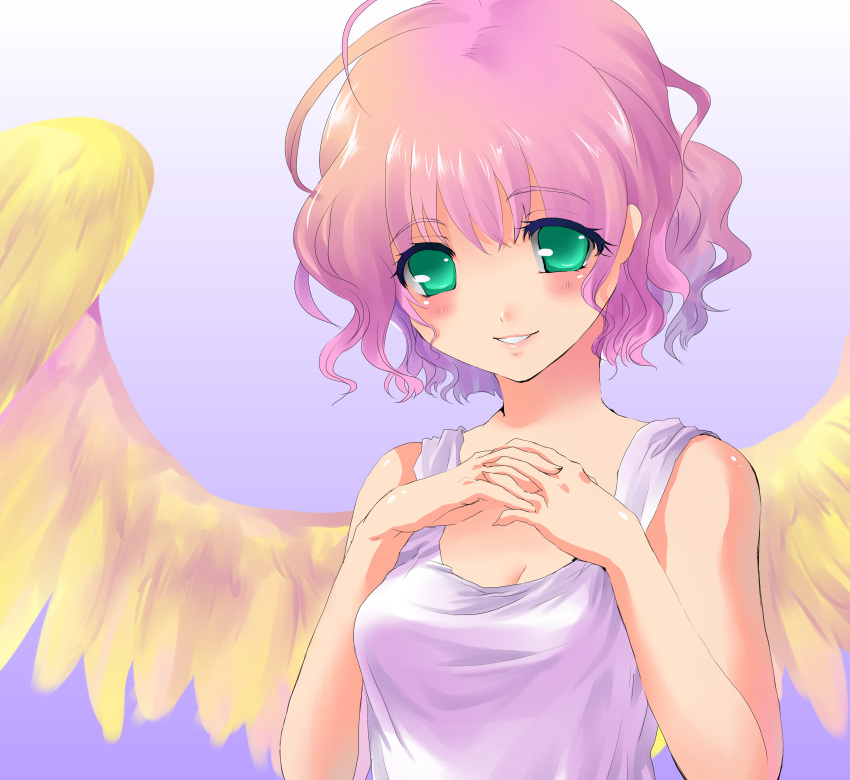 absurdres angel angel_wings bad_id bad_pixiv_id bare_shoulders feathered_wings female green_eyes harpy_(puyopuyo) highres interlocked_fingers kobanzame madou_monogatari pink_hair puyopuyo short_hair smile solo wings