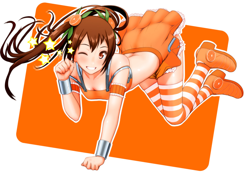 ;) arancia brown_eyes brown_hair female food fruit grin hair_ornament long_hair nanahime one_eye_closed orange_(fruit) orange_skirt original outline paw_pose skirt smile solo star_(symbol) striped_clothes striped_thighhighs thighhighs twintails