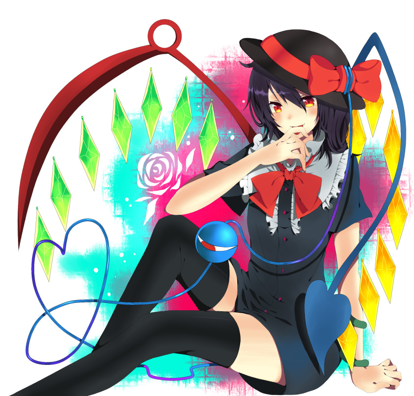 asymmetrical_wings bad_id bad_pixiv_id black_hair black_thighhighs blush bow chimerism crystal dress female flandre_scarlet fusion hat hat_bow heart heart_of_string highres houjuu_nue komeiji_koishi naata55 red_eyes short_hair snake solo thighhighs third_eye touhou wings zettai_ryouiki