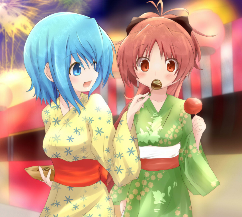 2girls akisaka_yamoka alternate_costume bad_id bad_pixiv_id blue_eyes blue_hair blush bow candy_apple dango dress feeding festival fireworks floral_print food green_dress hairbow japanese_clothes kimono long_hair mahou_shoujo_madoka_magica mahou_shoujo_madoka_magica_(anime) miki_sayaka multiple_girls open_mouth red_eyes red_hair sakura_kyoko sash short_hair wagashi yellow_dress