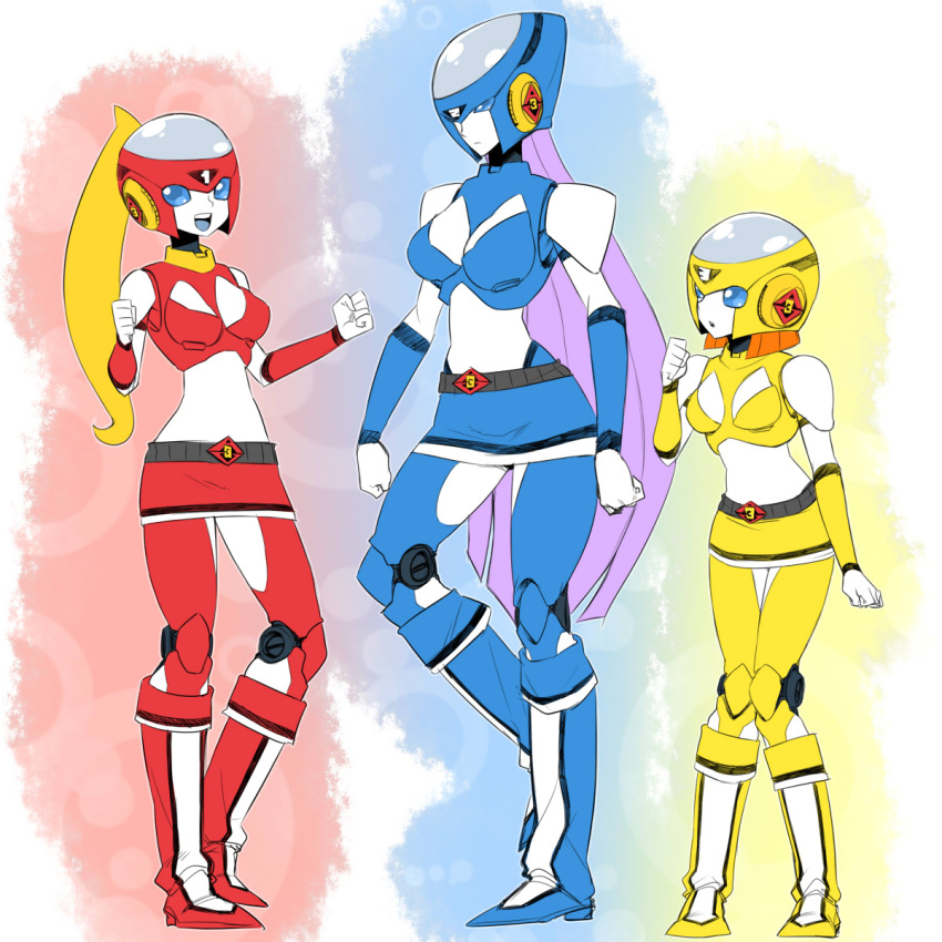 3girls blonde_hair blue_eyes boots breasts highres large_breasts long_hair mecha_musume multiple_girls navel open_mouth orange_hair original ponytail purple_hair robot sentai short_hair skirt small_breasts smile space_jin spacezin very_long_hair