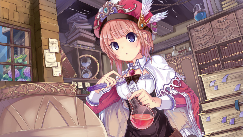 :< alchemy atelier_(series) atelier_rorona bad_id bad_pixiv_id blue_eyes book brown_hair cape cauldron female flask hat hourglass icywood photoshop_(medium) ribbon rororina_fryxell round-bottom_flask solo test_tube