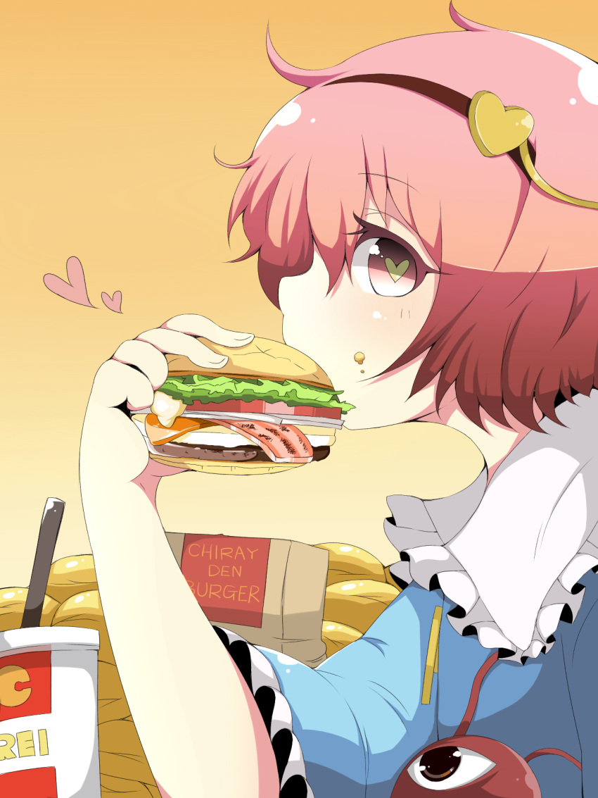 burger commentary_request drink eating female food hairband heart heart-shaped_pupils highres komeiji_satori long_sleeves pink_eyes pink_hair profile short_hair solo symbol-shaped_pupils third_eye touhou tsukigi