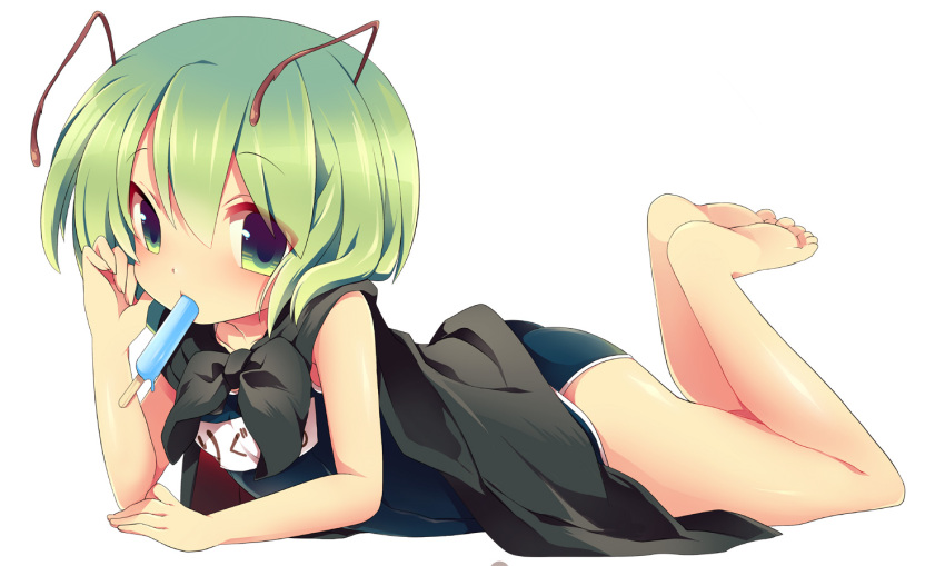 antennae bad_id bad_pixiv_id bare_legs barefoot cape deyuyama feet female food green_eyes green_hair looking_at_viewer lying mouth_hold on_stomach one-piece_swimsuit popsicle school_swimsuit short_hair solo swimsuit the_pose touhou wriggle_nightbug