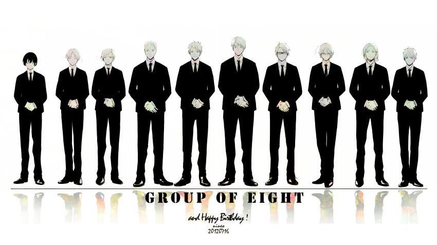 6+boys america_(hetalia) axis_powers_hetalia bad_id bad_pixiv_id canada_(hetalia) formal france_(hetalia) germany_(hetalia) glasses highres japan_(hetalia) lineup male_focus monochrome multiple_boys necktie nineo northern_italy_(hetalia) own_hands_together photoshop_(medium) prussia_(hetalia) russia_(hetalia) southern_italy_(hetalia) suit united_kingdom_(hetalia)