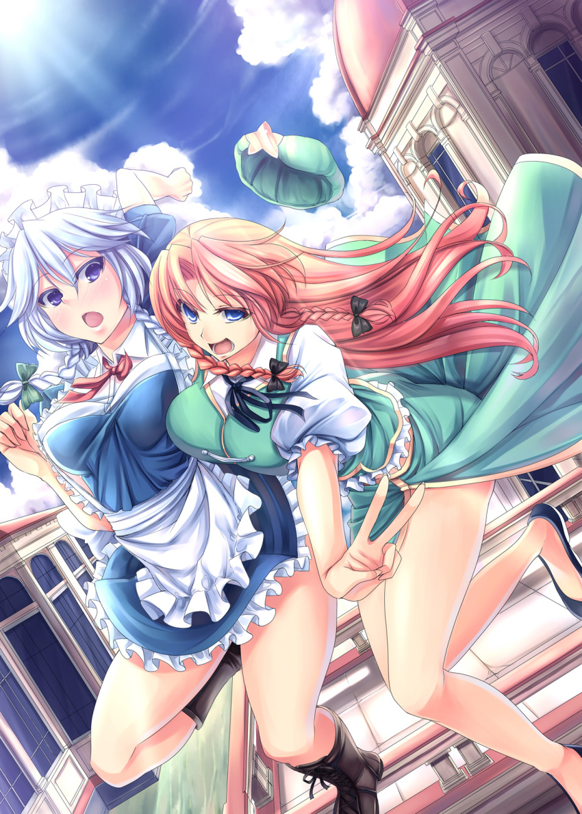 2girls bare_legs blue_eyes blush braid breast_press breasts chinese_clothes cloud commentary_request day hat highres hong_meiling izayoi_sakuya kinntarou large_breasts maid_headdress multiple_girls outdoors red_hair side_slit sky standing touhou twin_braids unworn_hat unworn_headwear v white_hair