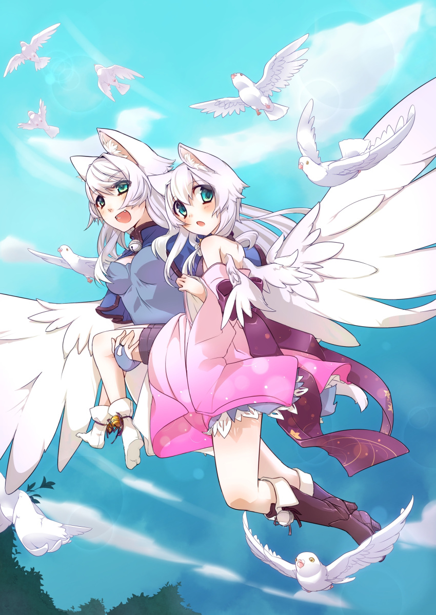 2girls :d :o absurdres animal_ears ankle_bell ankle_ribbon aqua_eyes bare_shoulders bell bird blush boots breasts carrying commentary_request dove fangs feathered_wings flock flying fuuka_(kazane_chinya) highres kazane_chinya leg_ribbon long_hair luka_himmel medium_breasts multiple_girls open_mouth original ribbon smile white_hair wings