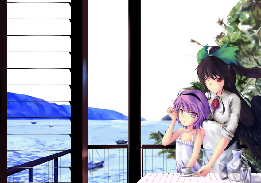 2girls 463_jun ;) bare_shoulders black_hair boat bow chinese_commentary commentary_request cup dress green_bow hairband hairbow komeiji_satori long_hair multiple_girls ocean one_eye_closed pink_eyes purple_hair railing red_eyes reiuji_utsuho sailboat short_hair sleeves_rolled_up smile third_eye touhou waitress water watercraft wings