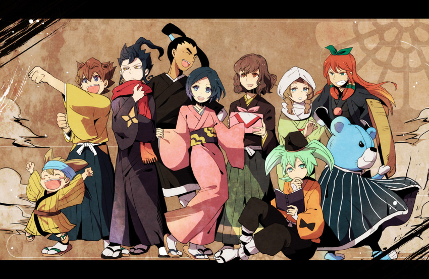 3girls 6+boys commentary_request fei_rune hair_ribbon inazuma_eleven_(series) inazuma_eleven_go inazuma_eleven_go_chrono_stone japanese_clothes kusa_chuu letterboxed matsukaze_tenma multiple_boys multiple_girls nishiki_ryouma nishizono_shinsuke ponytail ribbon seto_midori shindou_takuto sorano_aoi tsurugi_kyousuke wonderbat yamana_akane