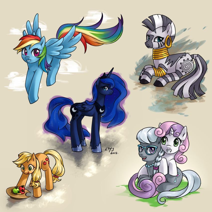 1:1 2012 alicorn anklet apple applejack_(mlp) black_hair blonde_hair blue_body blue_eyes blue_feathers blue_fur blue_hair brown_body brown_fur clothing cloud cutie_mark ear_piercing earth_pony equid equine eyewear feathered_wings feathers female feral food friendship_is_magic fruit fur glasses green_eyes grey_body grey_fur group hair hasbro hat headgear headwear hi_res horn horse jewelry katiramoon looking_at_viewer mammal multicolored_hair multicolored_tail my_little_pony mythological_creature mythological_equine mythology necklace pegasus piercing pink_hair plant pony princess_luna_(mlp) purple_eyes purple_hair rainbow_dash_(mlp) rainbow_hair rainbow_tail silver_spoon_(mlp) simple_background stripes sweetie_belle_(mlp) tail two_tone_hair unicorn white_body white_fur white_hair wings young young_feral zebra zecora_(mlp)