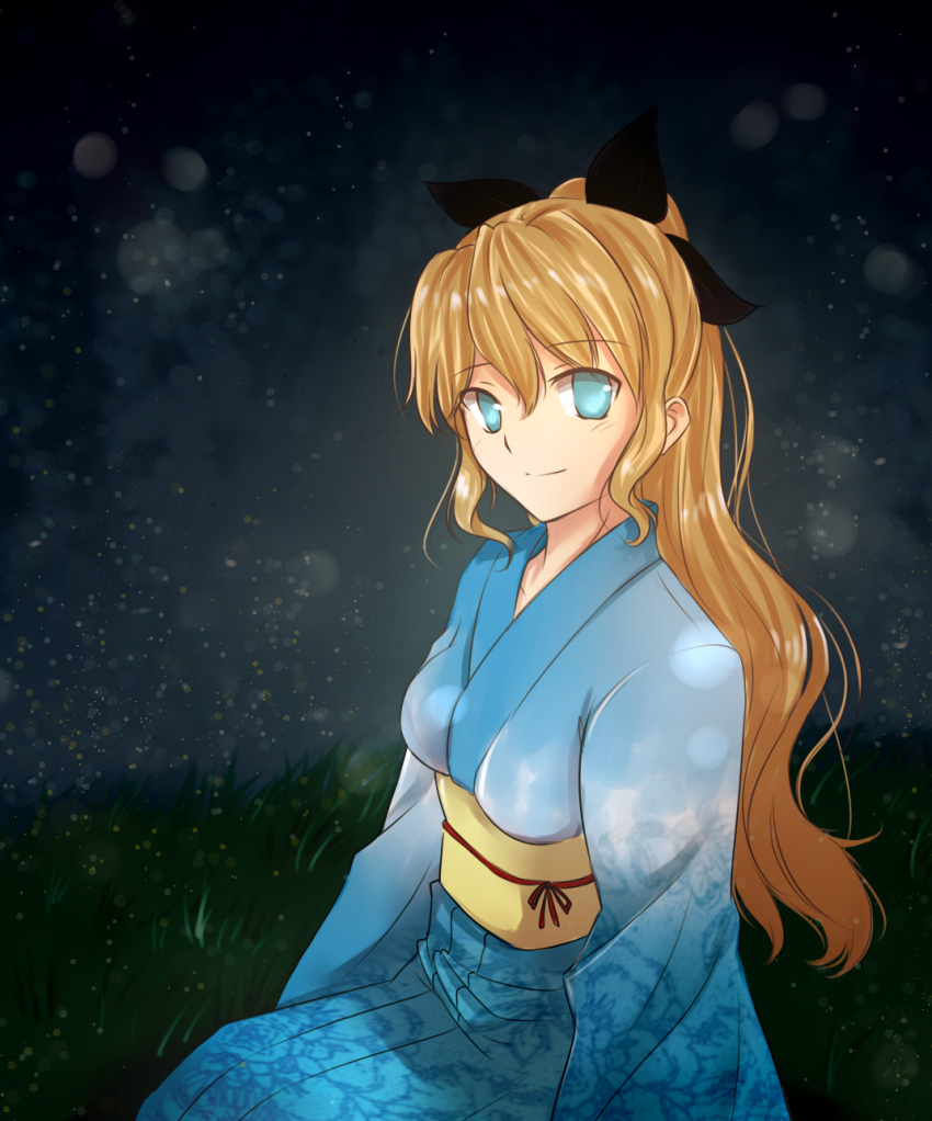 blind blonde_hair blue_eyes blue_kimono blush breasts commentary english_commentary female floral_print grass highres japanese_clothes katawa_shoujo kimono long_hair long_sleeves looking_at_viewer medium_breasts night obi obijime ponytail sash satou_lilly sidelocks sitting smile solo tusia