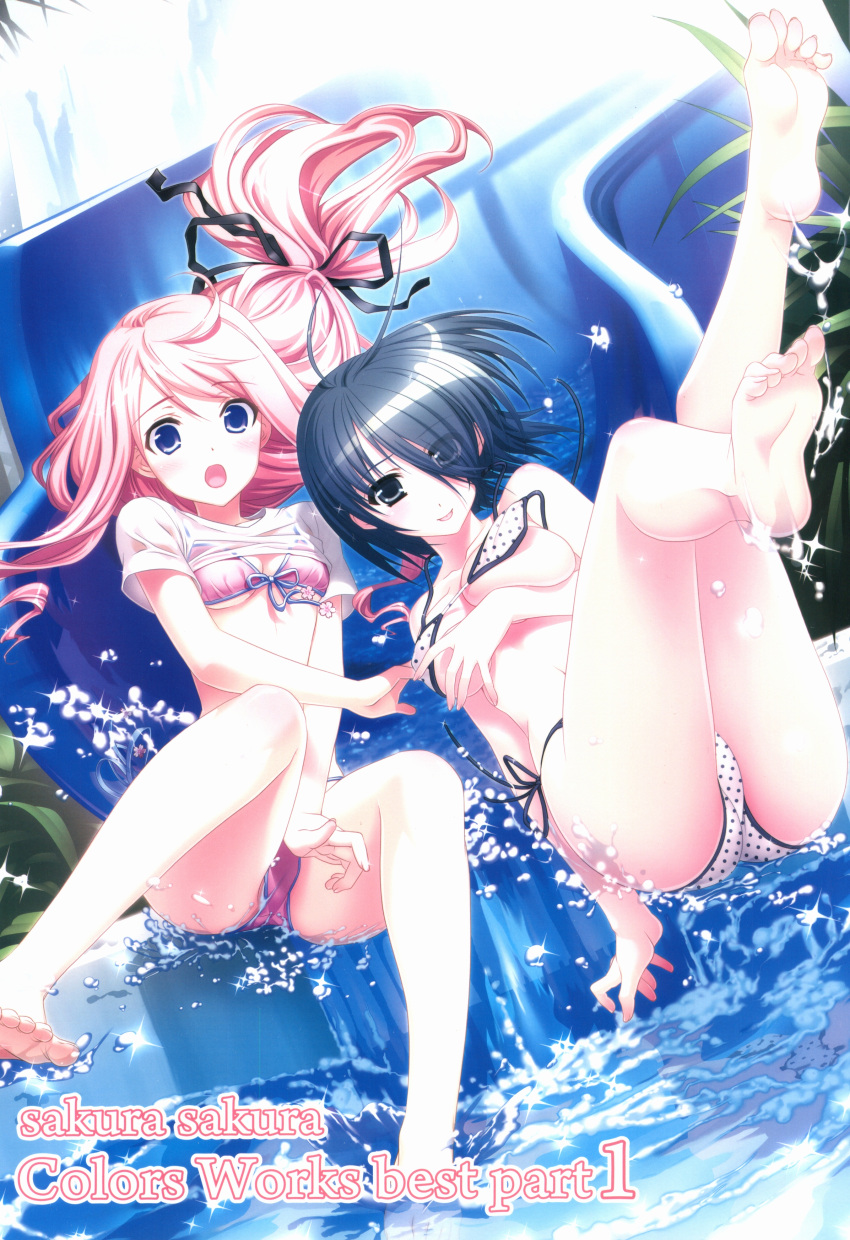 2girls :o absurdres barefoot bikini black_eyes black_hair blue_eyes blush higa_yukari highres kasukabe_akira kirishima_sakura legs long_hair looking_at_viewer multiple_girls pink_hair sakura_nanako sakura_sakura short_hair swimsuit water water_slide