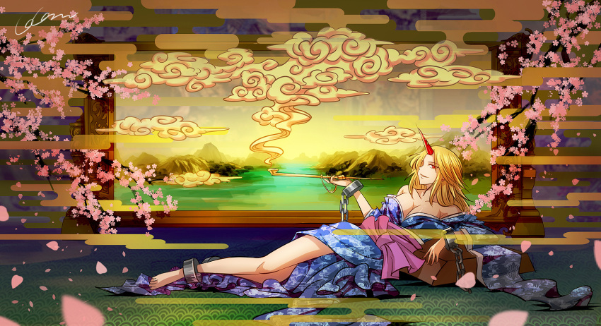 barefoot blonde_hair blue_kimono breasts cherry_blossoms cleavage commentary_request cuffs egasumi female highres horns hoshiguma_yuugi hoshiguma_yuugi_(kimono) japanese_clothes kimono kiseru large_breasts long_hair lying madcocoon obi on_side open_clothes open_kimono petals red_eyes sash seigaiha shackles signature single_horn smile smoke smoking_pipe solo touhou