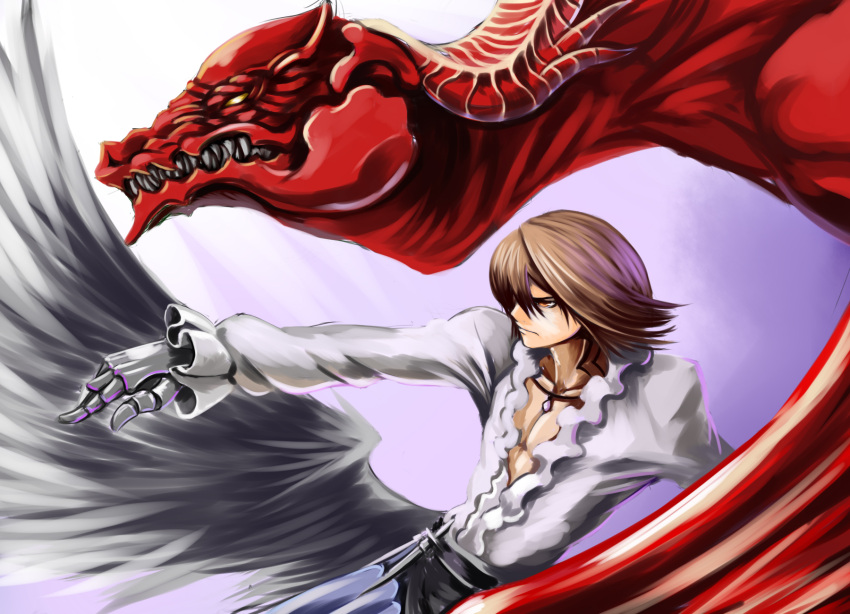 1boy angel_(drag-on_dragoon) bad_id bad_pixiv_id brown_eyes brown_hair caim_(drag-on_dragoon) commentary_request drag-on_dragoon drag-on_dragoon_1 dragon fabulous gloves highres lord_of_vermilion photoshop_(medium) seisetu single_wing wings