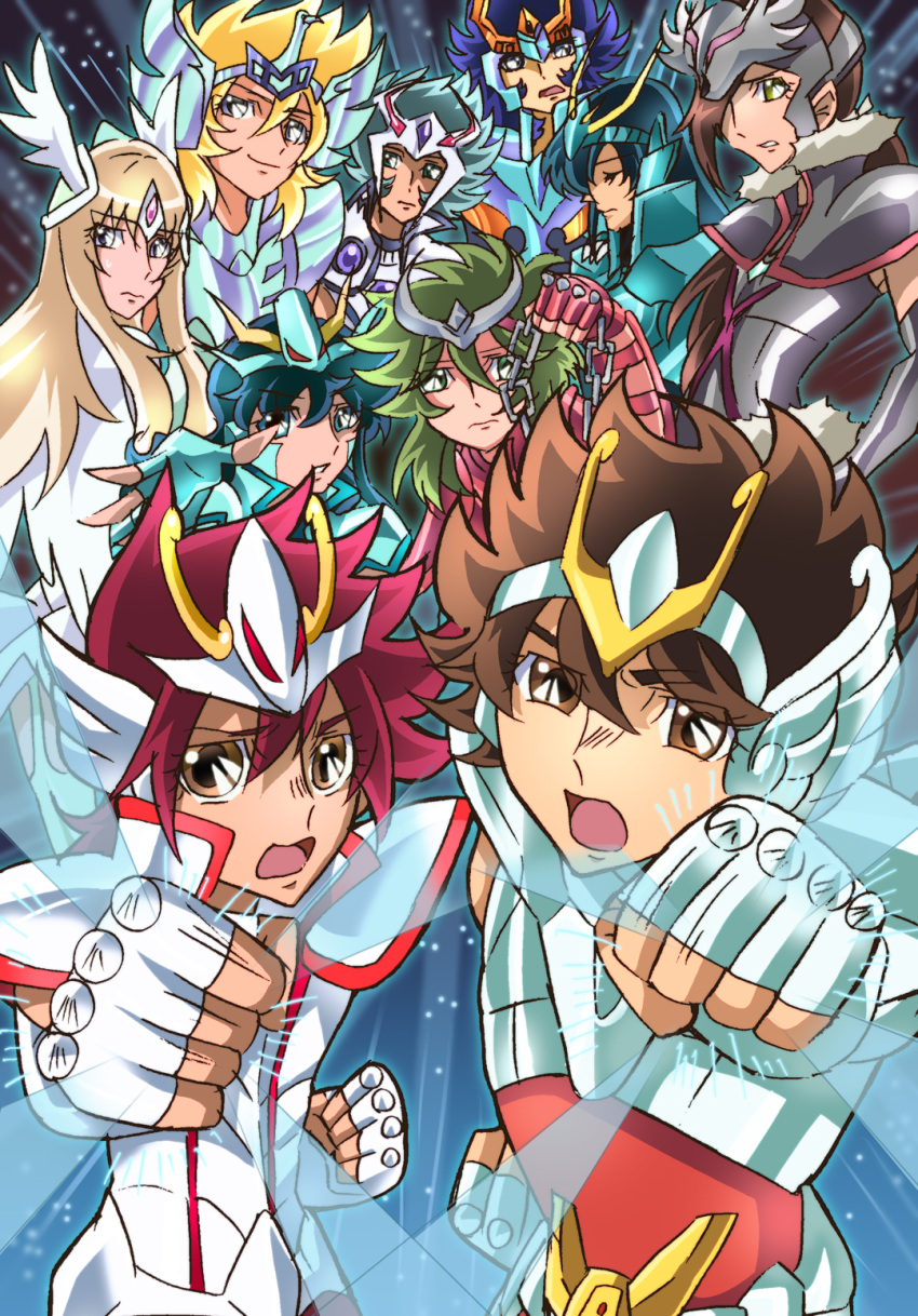 6+boys 9boys andromeda_shun aqua_eyes aquila_yuna armor artist_request bad_id blonde_hair blue_eyes blue_hair braid brown_eyes brown_hair chains chest_plate closed_eyes crossover crystal cygnus_hyoga cygnus_hyouga dragon_ryuho dragon_shiryu dragon_shiryuu everyone female gauntlets green_eyes green_hair hair_ribbon helmet highres long_hair looking_at_viewer lupus_haruto multiple_boys open_mouth orion_eden pegasus_koga pegasus_seiya phoenix_ikki ponytail red_hair ribbon saint_seiya saint_seiya_omega short_hair shoulder_armor space star stars time_paradox