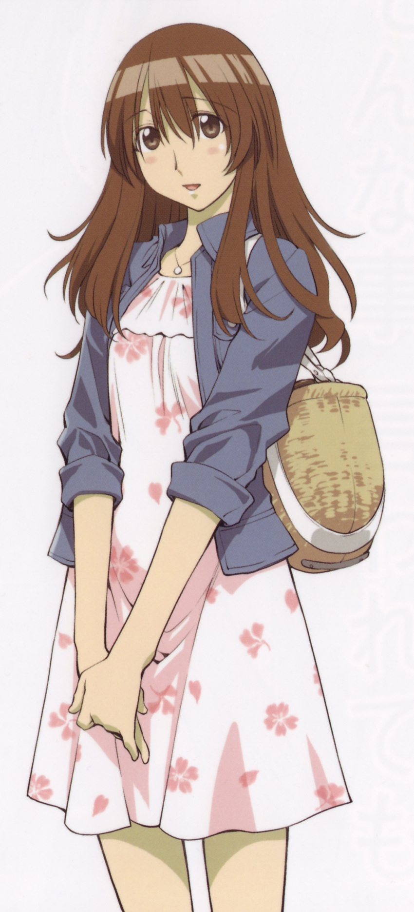 1boy absurdres blush brown_eyes brown_hair crossdressing dress genshiken hato_kenjirou highres jacket kio_shimoku long_hair male_focus official_art open_mouth otoko_no_ko print_dress scan smile solo