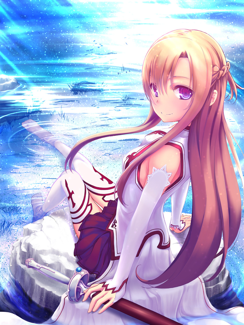 asuna_(sao) bare_shoulders braid brown_hair commentary_request elbow_gloves female gloves highres long_hair looking_at_viewer photoshop_(medium) purple_eyes sasakawa_arumi skirt solo sword sword_art_online thighhighs weapon