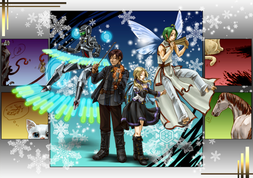 2boys 55dopl3e android_(elona) bad_id bad_pixiv_id blue_eyes boots cute_fairy_(elona) dress elona fairy feline female horse instrument jacket little_girl_(elona) multiple_boys music playing_instrument protagonist_(elona) silver_cat_(elona) snow snowflakes twintails violin