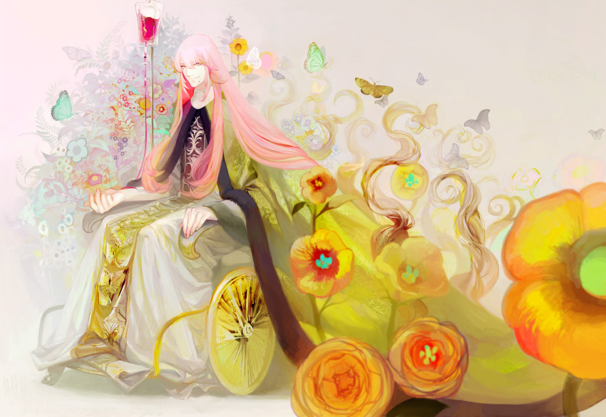 1boy bad_id bad_pixiv_id bug butterfly cape flower highres intravenous_drip long_hair male_focus mole pale_color pink_hair pixiv_fantasia pixiv_fantasia_sword_regalia simple_background smile very_long_hair wheelchair y_(0euf)