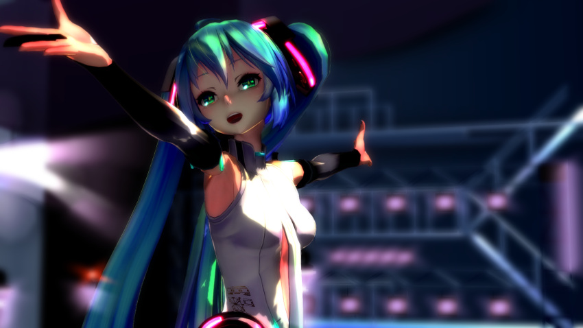 3d aliasing aqua_eyes aqua_hair bridal_gauntlets center_opening commentary_request elbow_gloves f-san_(nicoseiga_1289383) female fingerless_gloves gloves hatsune_miku hatsune_miku_(append) highres long_hair mikumikudance_(medium) music open_mouth outstretched_arms singing solo spread_arms tda_model_(mikumikudance) twintails very_long_hair vocaloid vocaloid_append