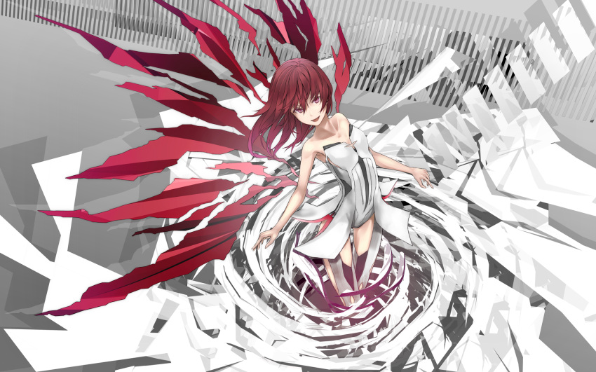 blush bodysuit bute_(butegram) cleavage_cutout clothing_cutout commentary_request dress female flat_chest highres long_hair looking_at_viewer mechanical_arms original red_eyes red_hair single_mechanical_arm smile solo standing surreal teeth white_dress