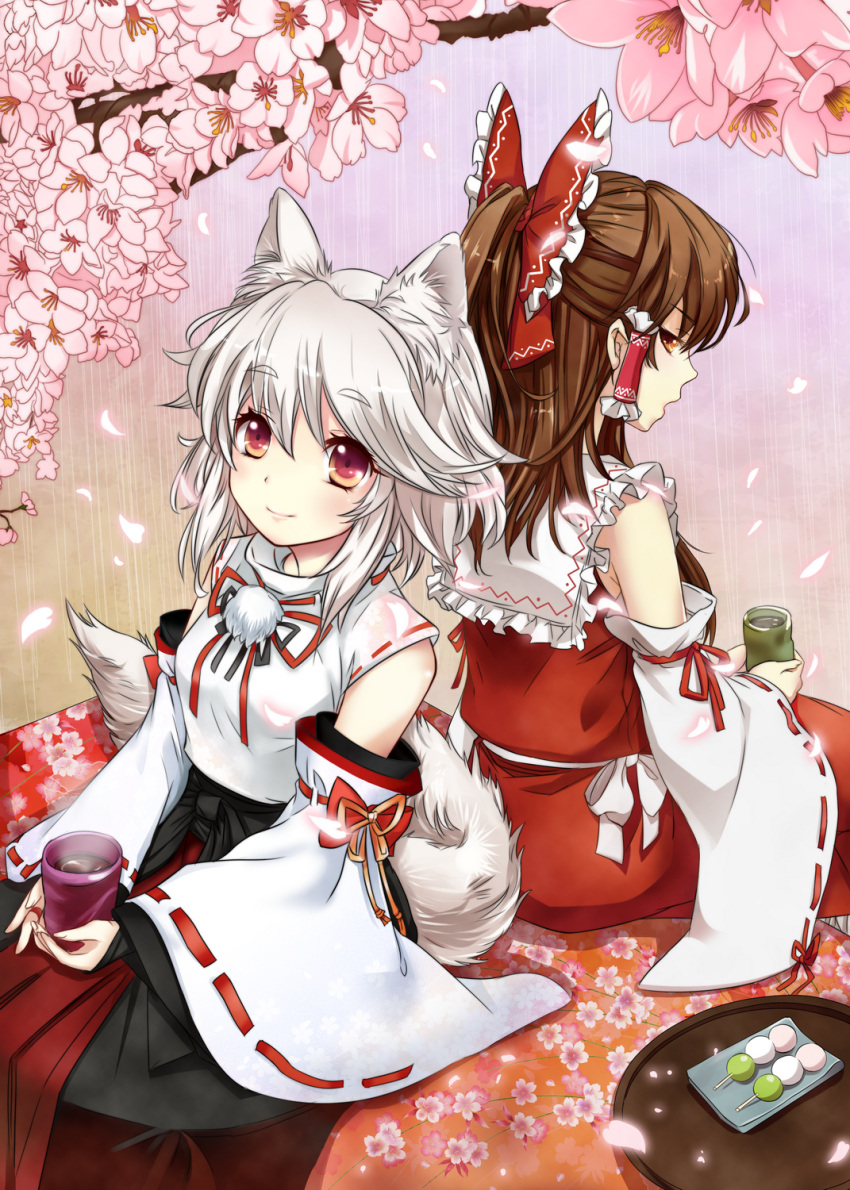 animal_ears bad_id bad_pixiv_id bow brown_eyes brown_hair dango detached_sleeves food hair_ribbon hair_tubes hairbow hakurei_reimu hat highres inubashiri_momiji long_hair multiple_girls recolored red_eyes ria ribbon short_hair silver_hair smile sumomo_(tyc78503012) tail tokin_hat touhou wagashi wolf_ears wolf_tail