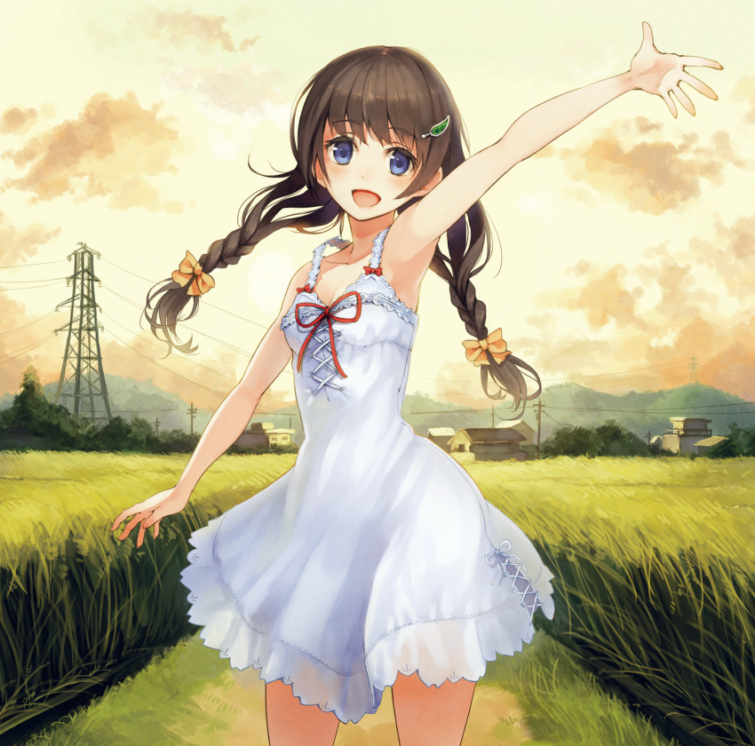 :d absurdres album_cover arm_up armpits bad_revision banned_artist bare_shoulders blue_eyes braid brown_hair building cover dress grass hair_ornament hairclip highres house long_hair md5_mismatch open_mouth original outstretched_arm outstretched_arms paseri power_lines ribbon sleeveless sleeveless_dress smile solo sundress twin_braids