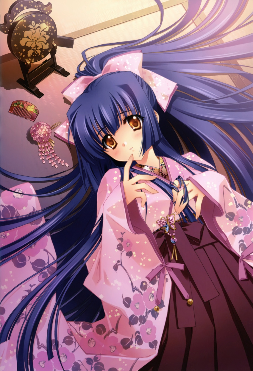 absurdres blue_hair blush brown_eyes bug butterfly carnelian female highres japanese_clothes kao_no_nai_tsuki kimono kuraki_suzuna long_hair pink_kimono scan solo very_long_hair