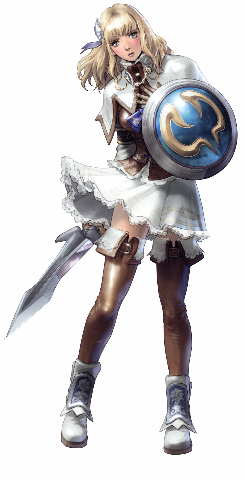 absurdres armlet blonde_hair blush dress freckles gloves green_eyes hair_ornament highres kawano_takuji lips long_hair namco official_art pyrrha_alexandra shield shoes short_dress solo soul_calibur soulcalibur_v sword thighhighs weapon