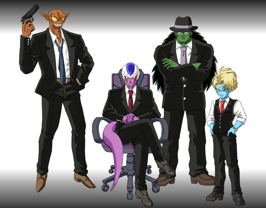 4boys bad_id bad_pixiv_id black_hair blonde_hair blue_skin chair colored_skin cooler_(dragon_ball) crossed_arms dark-skinned_male dark_skin doore dragon_ball dragon_ball_z formal green_skin grin gun hand_in_pocket hands_in_pockets long_hair looking_at_viewer multiple_boys necktie neiz office_chair own_hands_clasped own_hands_together photoshop_(medium) purple_skin red_eyes salza shinomiya_akino shoes sitting sleeves_rolled_up smile swivel_chair tail teeth watch weapon