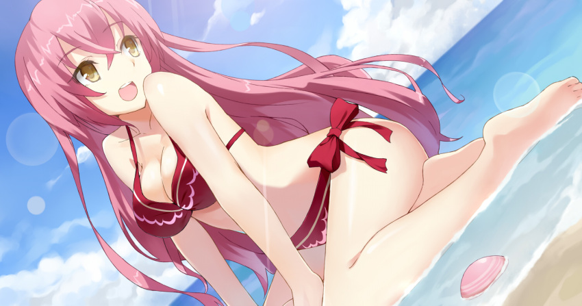 :d bad_id bad_pixiv_id bare_shoulders barefoot beach bikini bow breasts cccpo cleavage cloud day dutch_angle female leaning_forward lens_flare long_hair long_legs medium_breasts oda_nobunaga_(sengoku_collection) open_mouth outdoors partially_submerged pink_hair red_bikini sengoku_collection side-tie_bikini_bottom sitting sky smile solo swimsuit very_long_hair water yellow_eyes yokozuwari