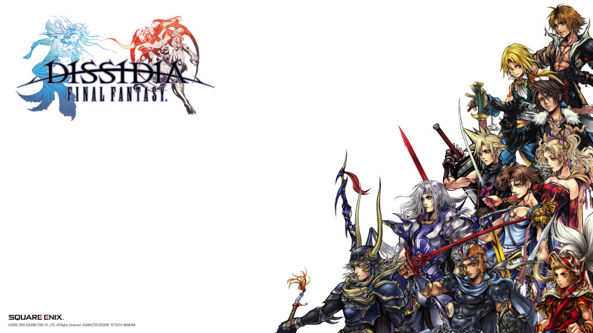 6+boys armor bartz_klauser blonde_hair breastplate brown_hair cecil_harvey chaos_(dff) cloud_strife copyright_name cosmos_(dff) dissidia_final_fantasy everyone fake_horns falchion_(weapon) female final_fantasy final_fantasy_5 final_fantasy_i final_fantasy_ii final_fantasy_iii final_fantasy_iv final_fantasy_ix final_fantasy_vi final_fantasy_vii final_fantasy_viii final_fantasy_x firion grey_hair helmet highres holding holding_sword holding_weapon horned_helmet horns in-franchise_crossover logo long_hair looking_away multiple_boys nomura_tetsuya official_art official_wallpaper onion_knight opposing_sides paladin_(final_fantasy) pantyhose pauldrons photoshop_(medium) saber_(weapon) shoulder_armor spiked_hair squall_leonhart sword terra_branford tidus warrior_of_light_(ff1) weapon white_background zidane_tribal