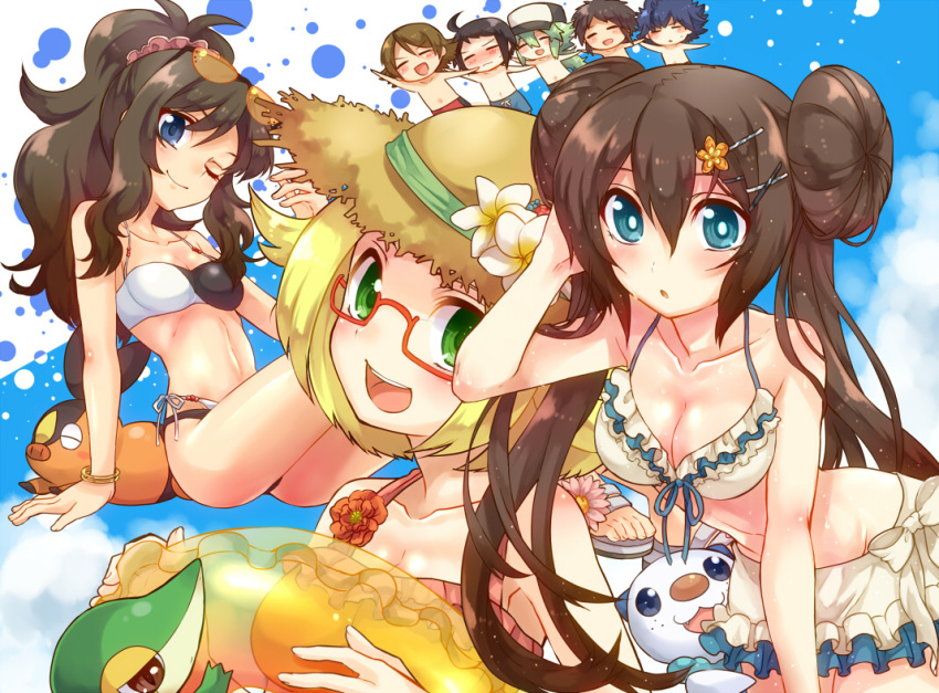 3girls 5boys bianca_(pokemon) bikini bikini_skirt blonde_hair blue_eyes blush breasts brown_hair cheren_(pokemon) cleavage closed_eyes collarbone commentary_request double_bun flower frilled_bikini frills front-tie_top glasses green_eyes hair_bun hair_ornament hairclip hand_in_own_hair hat hat_flower hilbert_(pokemon) hilda_(pokemon) hugh_(pokemon) innertube irouha leaning_forward long_hair medium_breasts multiple_boys multiple_girls n_(pokemon) nate_(pokemon) one_eye_closed oshawott plumeria pokemon pokemon_(creature) pokemon_bw pokemon_bw2 ponytail rosa_(pokemon) sandals semi-rimless_eyewear side-tie_bikini_bottom smile snivy starter_pokemon_trio straw_hat sunglasses swim_ring swimsuit tepig twintails very_long_hair wristband