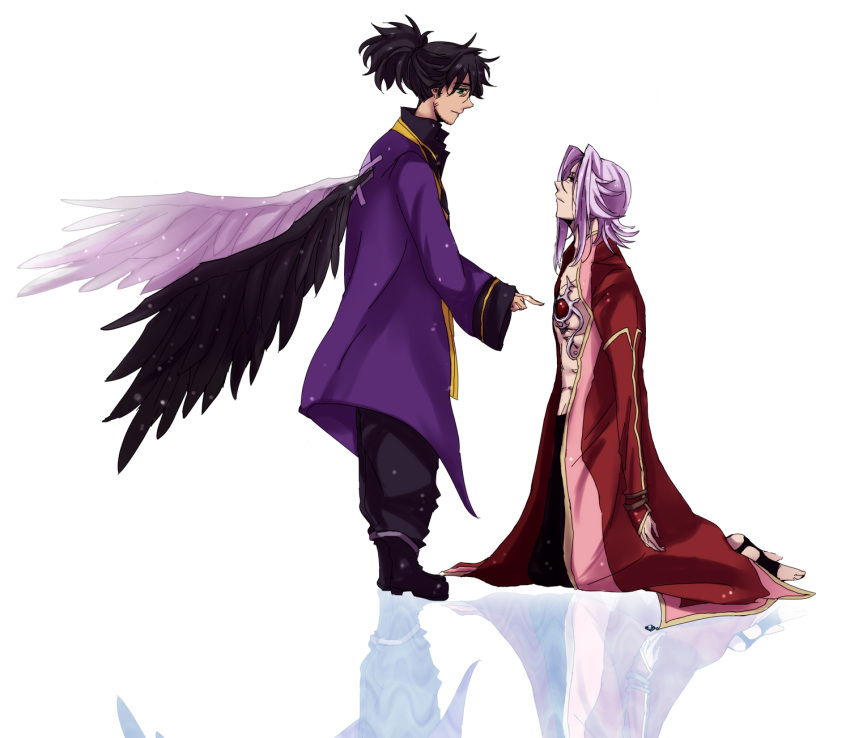 2boys alexei_(tales_of_vesperia) alexei_dinoia black_hair coat green_eyes highres long_hair multiple_boys pants ponytail purple_hair raven raven_(tov) red_eyes shoes tales_of_(series) tales_of_vesperia wings