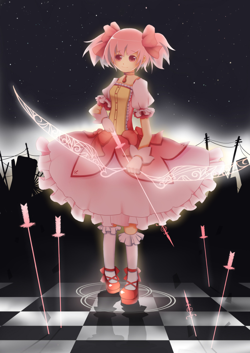 absurdres arrow bow_(weapon) female hair_ribbon hair_ribbons highres kaname_madoka magical_girl mahou_shoujo_madoka_magica pink_eyes pink_hair ribbon short_twintails solo twintails weapon