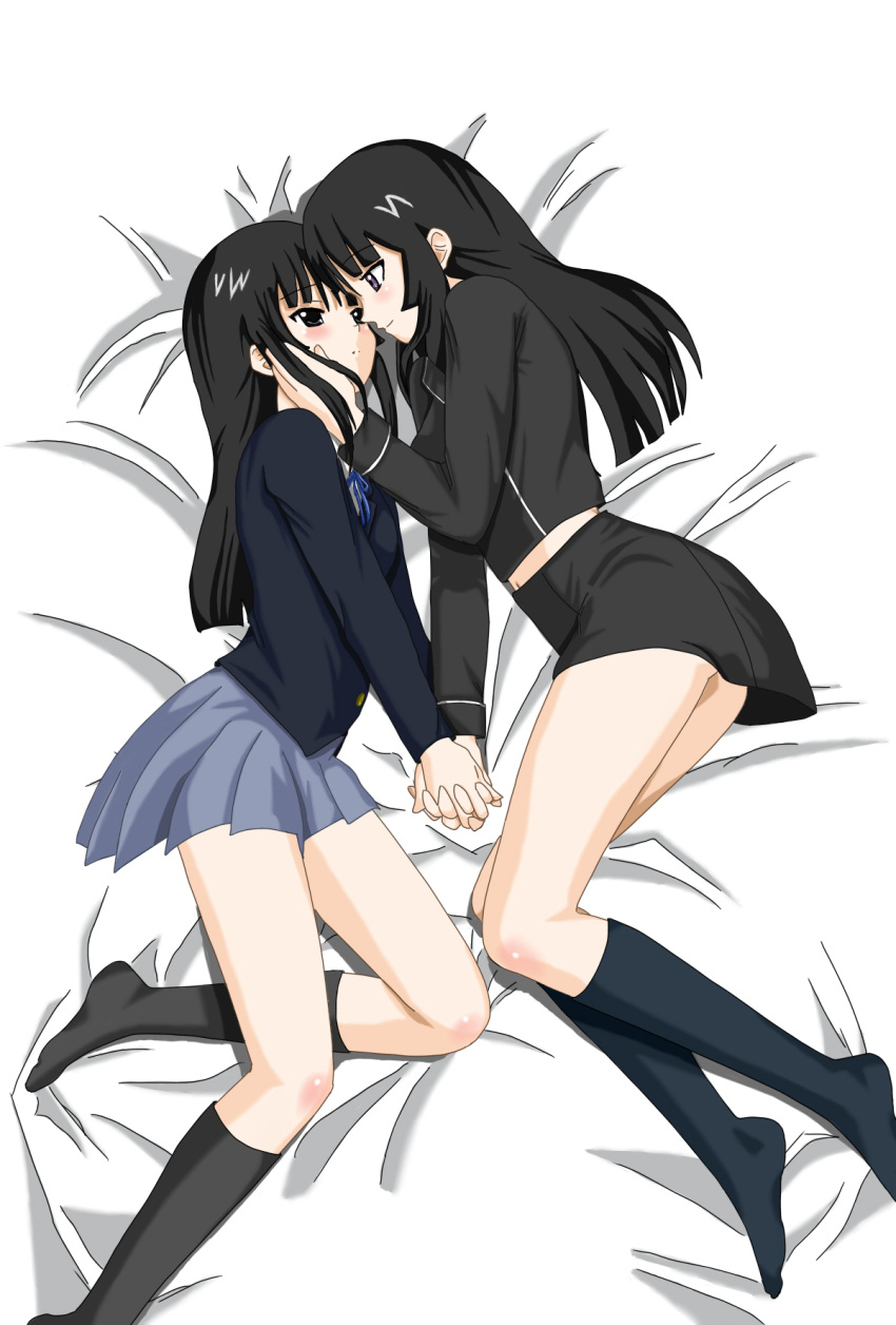 2girls akiyama_mio bad_id bad_pixiv_id bed black_hair blunt_bangs crossover derivative_work eye_contact feet ga-rei ga-rei_zero highres holding_hands interlocked_fingers isayama_yomi k-on! kazuma_(pixiv) kneehighs long_hair look-alike looking_at_another multiple_girls sakuragaoka_high_school_uniform school_uniform skirt socks winter_uniform yuri