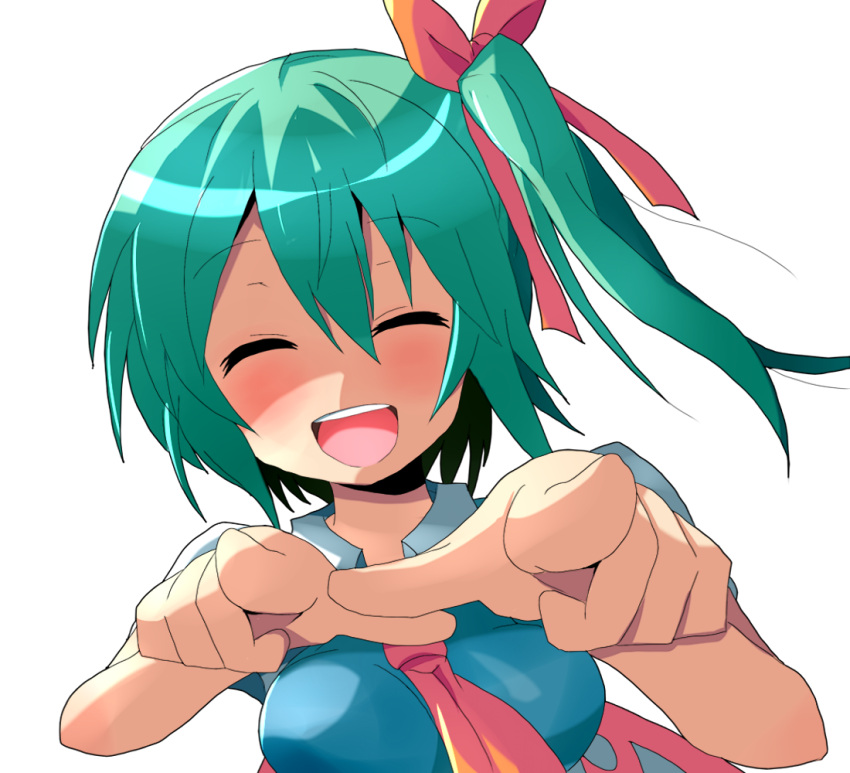 :d blush closed_eyes commentary_request daiyousei fairy_wings female foreshortening green_hair kuromu_(underporno) long_hair necktie open_mouth pointing pointing_at_viewer side_ponytail smile solo touhou wings