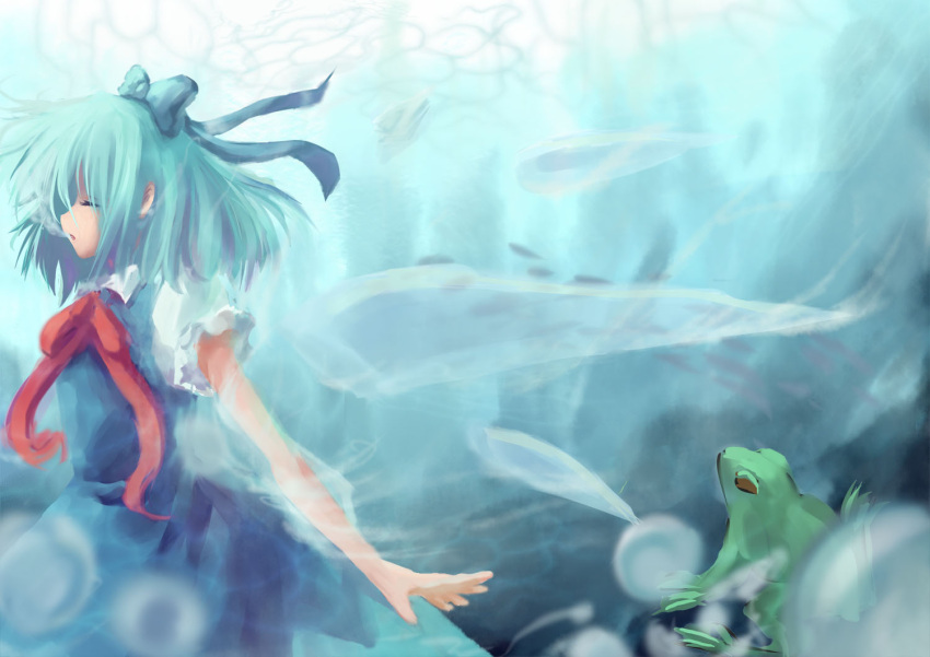 animal bad_id bad_pixiv_id blue_hair bow cirno closed_eyes detached_wings female frog hairbow ice ice_wings open_mouth photoshop_(medium) puffy_sleeves rock short_hair short_sleeves solo stoner08 touhou underwater wings