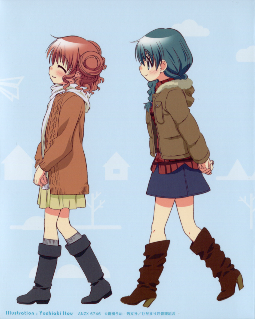 2girls ^_^ absurdres blue_background blush boots braid closed_eyes coat double_bun green_eyes green_hair hair_bun hidamari_sketch highres hiro_(hidamari_sketch) itou_yoshiaki multiple_girls natsume_(hidamari_sketch) official_art pink_hair scan scarf shoes skirt smile socks