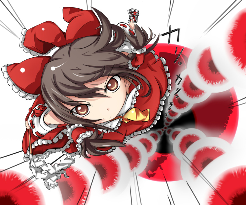 ascot black_hair bow commentary_request danmaku detached_sleeves female flying frown gohei hair_tubes hairbow hakurei_reimu kikurage_(sugi222) ofuda red_eyes solo touhou