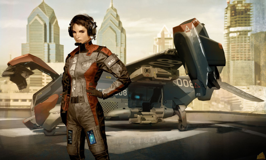 aircraft artist_request black_hair brown_eyes brown_hair building city cyberpunk deus_ex deus_ex:_human_revolution faridah_malik female gloves headset highres jumpsuit lips mole pilot_suit production_art realistic science_fiction solo