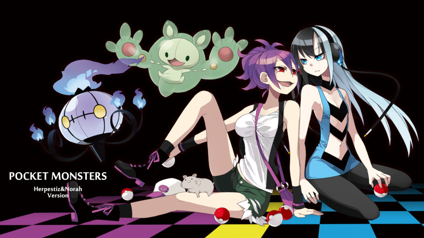 2girls :d bag baseball_cap black_background blue_fire breasts chandelure character_name checkered_floor cleavage commentary_request cosplay drooling elesa_(pokemon) elesa_(pokemon)_(cosplay) eye_contact fire floating full_body hat headphones herpestiz_kadokura highres hilda_(pokemon) hilda_(pokemon)_(cosplay) holding holding_poke_ball kaida_michi knee_up long_hair looking_at_another medium_breasts multicolored_hair multiple_girls navel norah_bright open_mouth original pantyhose poke_ball pokemon pokemon_(creature) pokemon_bw purple_hair reuniclus shorts simple_background sitting smile split-color_hair tank_top two-tone_hair very_long_hair vest