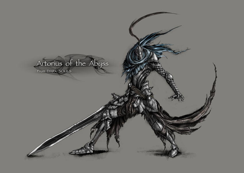 1boy armor artorias_the_abysswalker commentary_request damaged dark_souls_(series) dark_souls_i full_armor gauntlets helmet highres knight male_focus sword tomi_(tymetravel) weapon