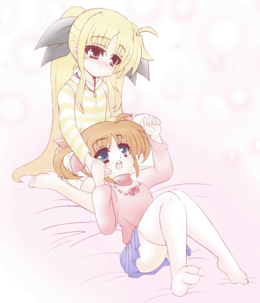 2girls blonde_hair blue_eyes blush brown_hair casual commentary_request fate_testarossa hair_ribbon highres holding_hands jewelry kano-0724 long_sleeves lyrical_nanoha mahou_shoujo_lyrical_nanoha mahou_shoujo_lyrical_nanoha_a's multiple_girls necklace open_mouth pendant red_eyes ribbon shirt skirt striped_clothes striped_shirt takamachi_nanoha thighhighs white_legwear