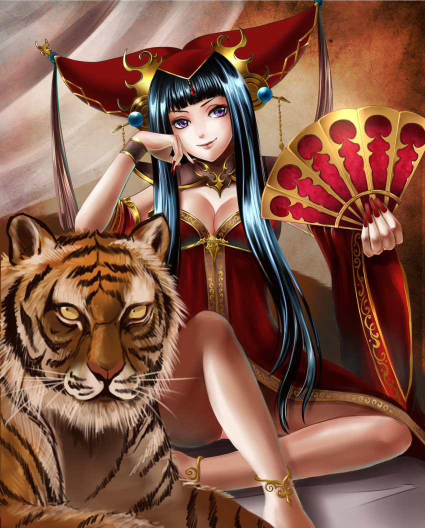 animal anklet barefoot black_hair bracelet breasts cleavage commentary_request cuffs detached_sleeves dress female fingernails hand_fan head_rest headdress highres jewelry long_fingernails long_hair medium_breasts purple_eyes sangokushi_taisen sitting sun_luban tiger very_long_hair yoshino35