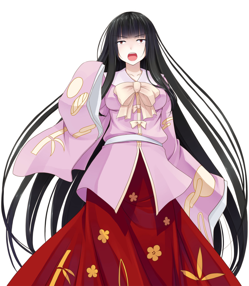 black_hair bow collarbone commentary_request crote female highres hime_cut houraisan_kaguya long_hair long_sleeves open_mouth solo tachi-e touhou transparent_background very_long_hair wide_sleeves yellow_eyes